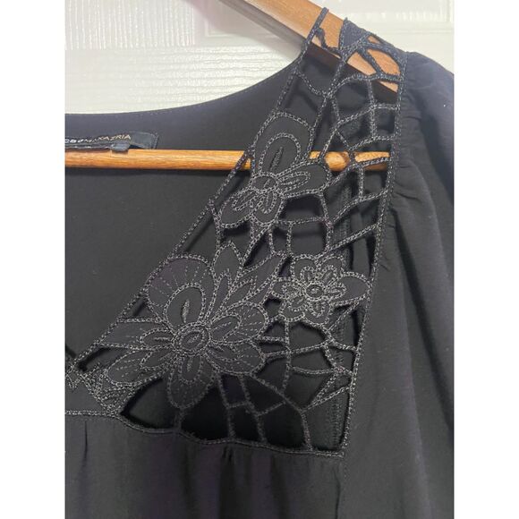 BCBGMaxAzria Tunic Dress Women's Large Black Mini Shift Puff Sleeve Lace Detail - Picture 5 of 9